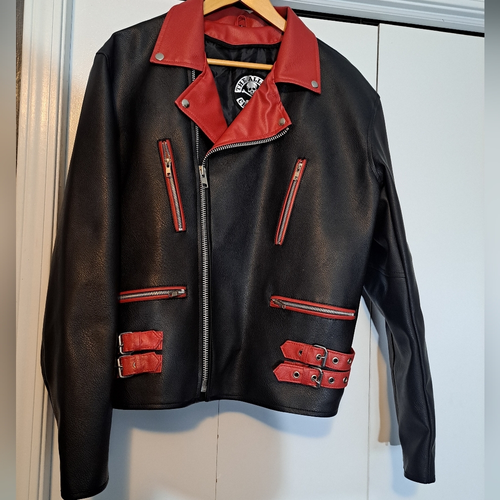 Red and black vegan leather jacket